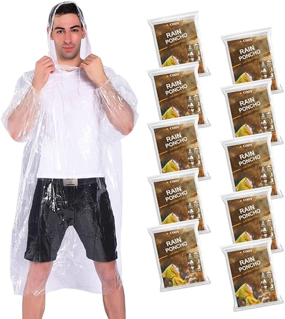 Ponchos de lluvia, con capucha de cordón (paquete de 10) Ponchos de lluvia desechables de emergencia paquete familiar para adultos, claro