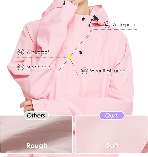 Abrigo de lluvia largo para las mujeres, abrigo de lluvia ligero con capucha, chaqueta de lluvia impermeable, ropa de lluvia empaquetable