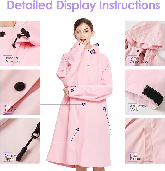 Abrigo de lluvia largo para las mujeres, abrigo de lluvia ligero con capucha, chaqueta de lluvia impermeable, ropa de lluvia empaquetable